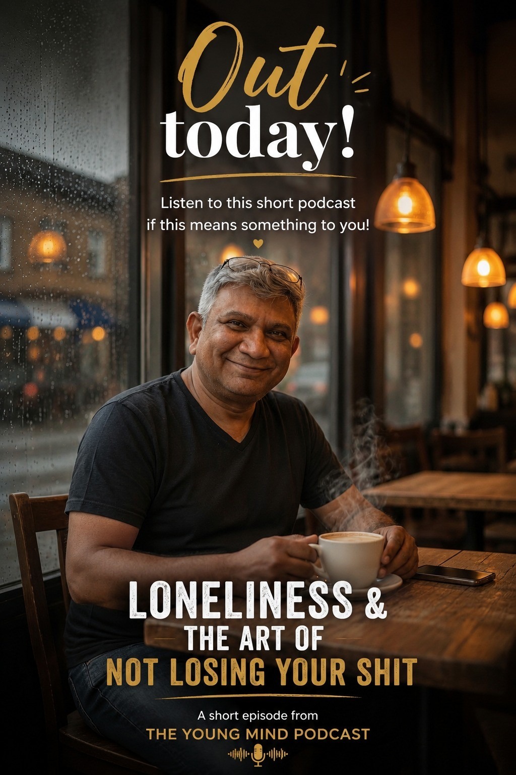 Himadri sitting in a warm cafe with coffee