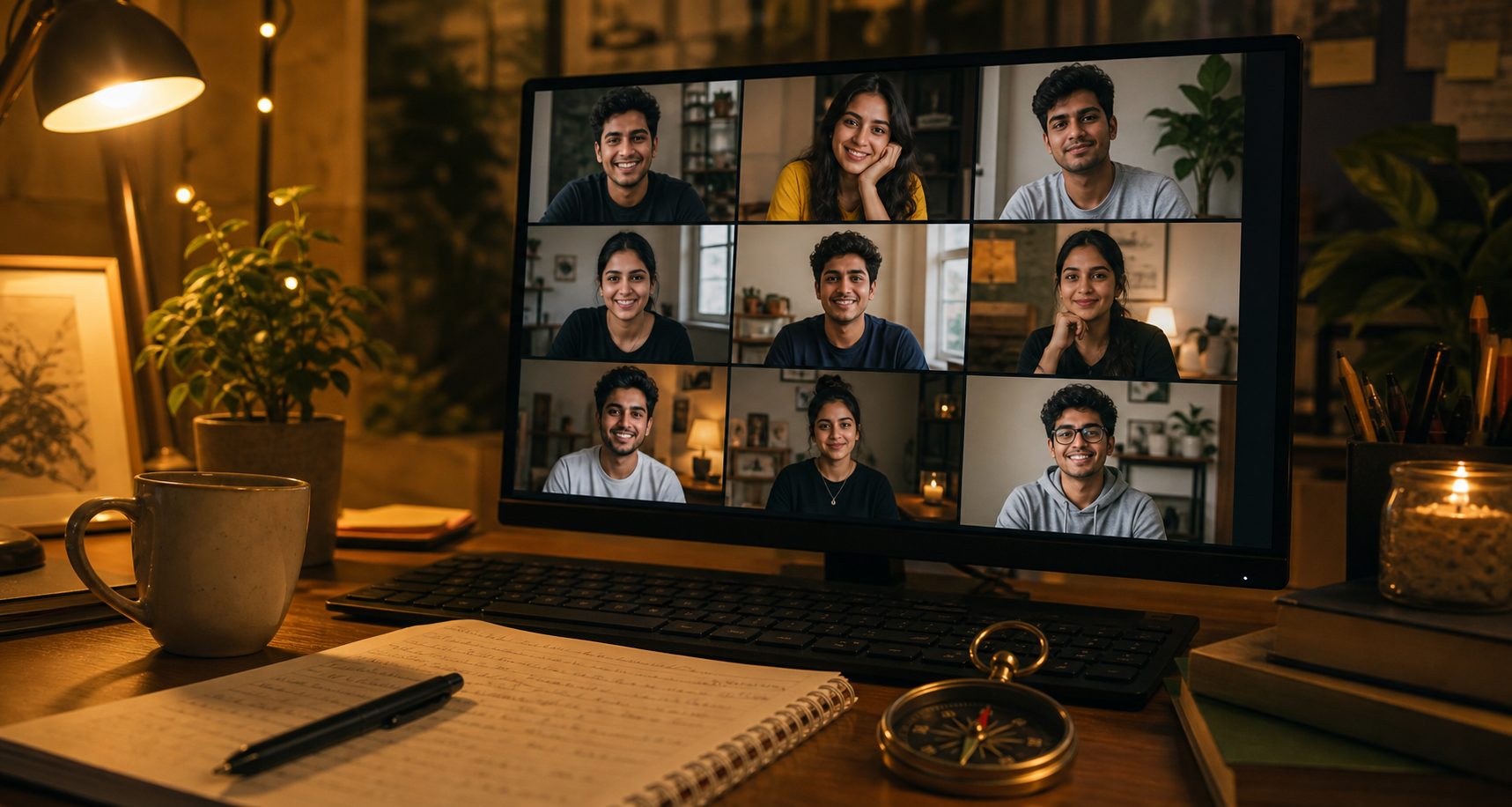 Young adults in an online reflection programme on a monitor with notebooks and a compass